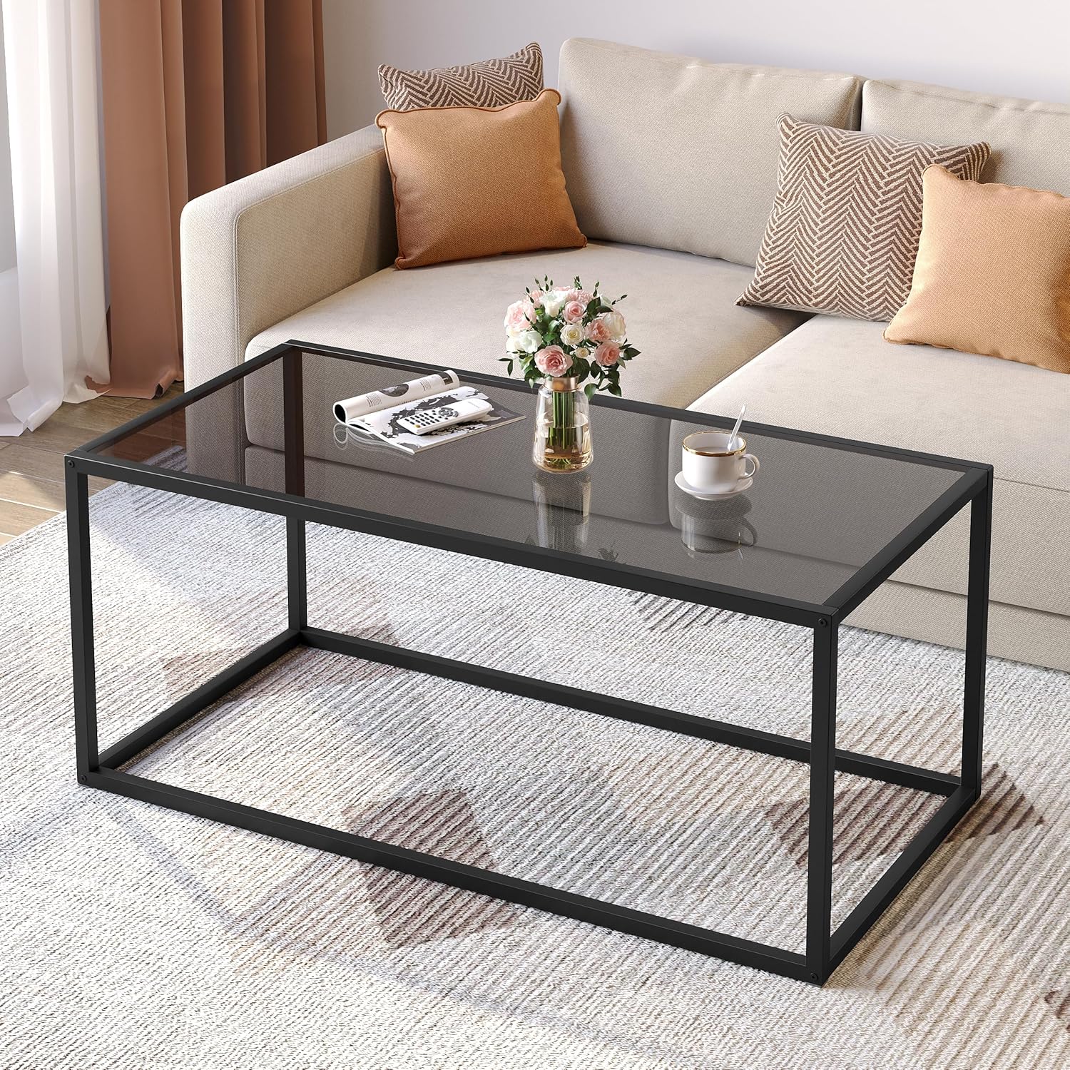SAYGOER Glass Coffee Table Modern Coffee Tables Simple Rectangular Center Table with Open Space for Living Room Home Office,39.3 x 19.7 x 17.7Inches, Gray Black