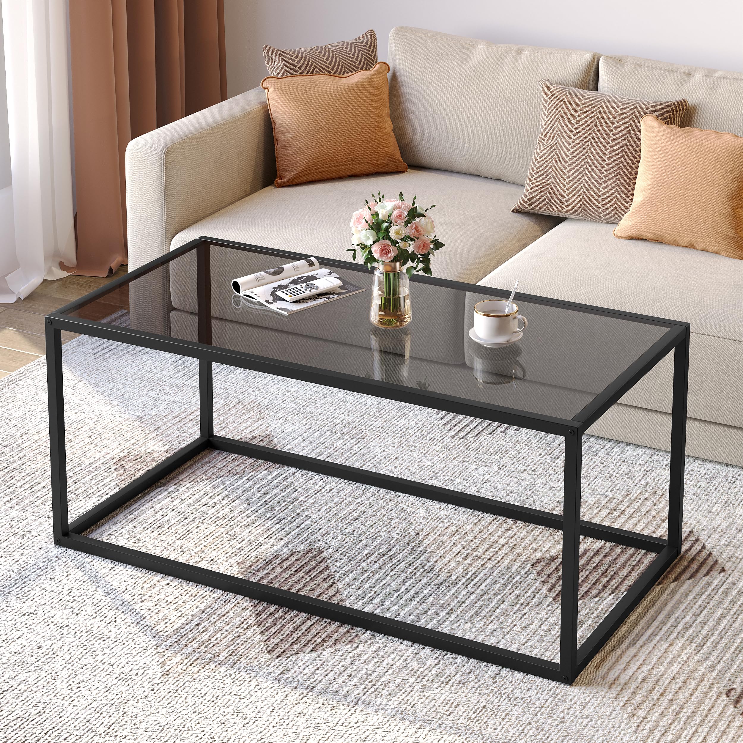 SAYGOER Glass Coffee Table Modern Coffee Tables Simple Rectangular Center Table with Open Space for Living Room Home Office,39.3 x 19.7 x 17.7Inches, Gray Black
